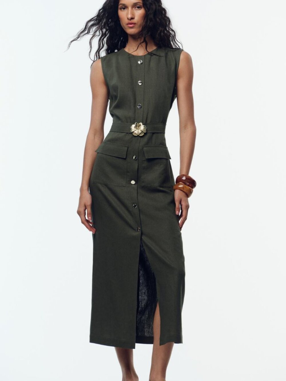 Zara Linen Blend Belted Midi Dress Dark Khaki Utility Button Front XS NWT Chic